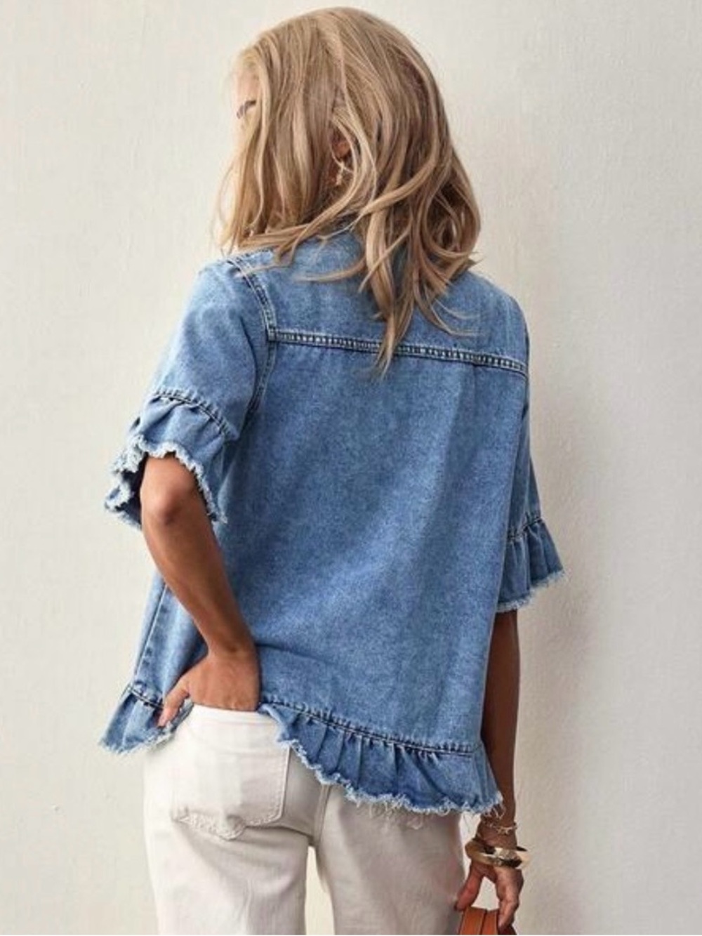 SHEIN Light Blue Ruffle Sleeve Denim Jacket - Picture 2 of 7